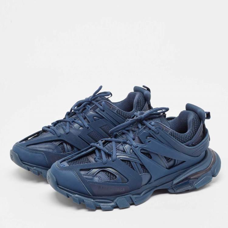 Pre Owned Balenciaga Blue Faux Leather and Mesh Track Sneakers Size 43