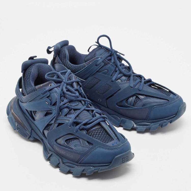 Pre Owned Balenciaga Blue Faux Leather and Mesh Track Sneakers Size 43