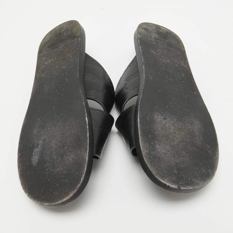 Pre Owned Balenciaga Black Logo Embossed Leather Slides Size 42