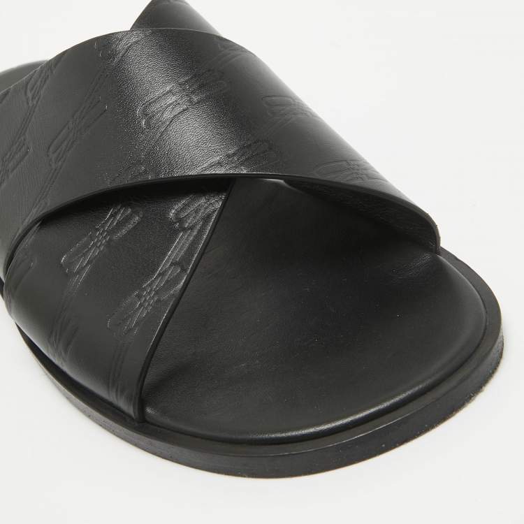 Pre Owned Balenciaga Black Logo Embossed Leather Slides Size 42