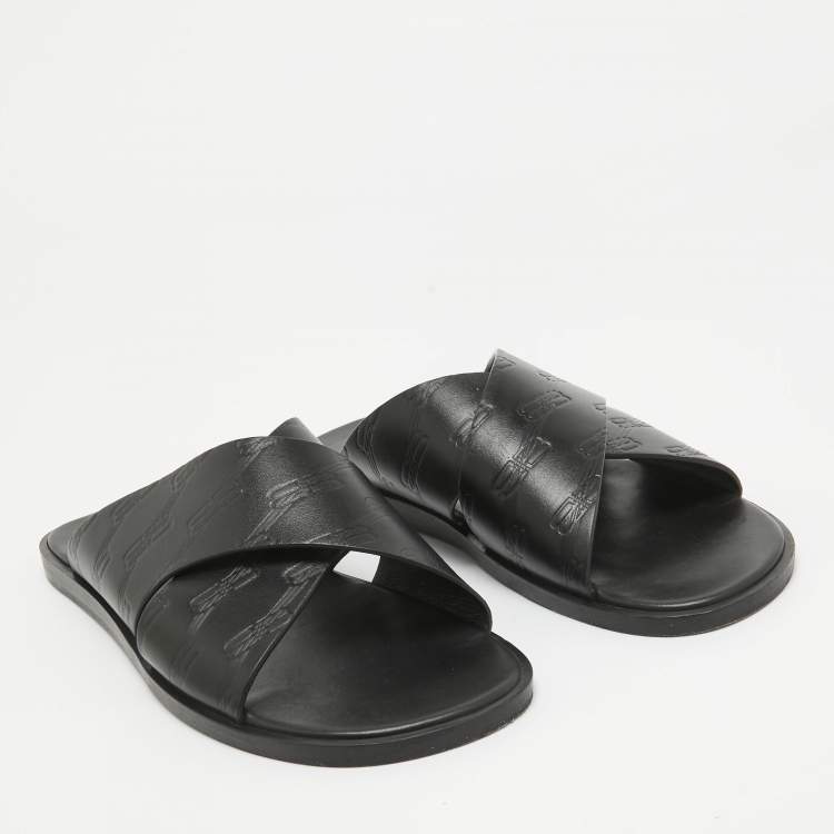 Pre Owned Balenciaga Black Logo Embossed Leather Slides Size 42