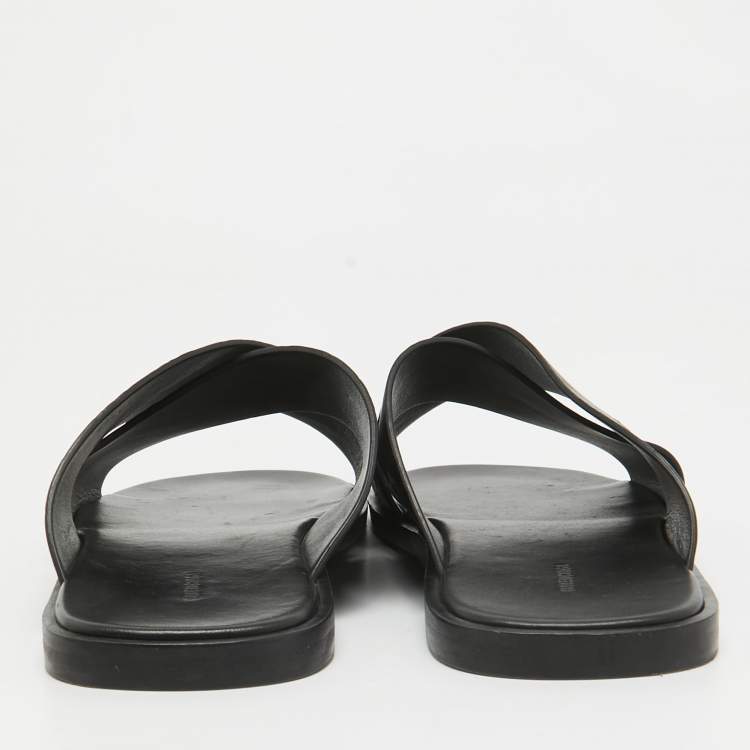 Pre Owned Balenciaga Black Logo Embossed Leather Slides Size 42
