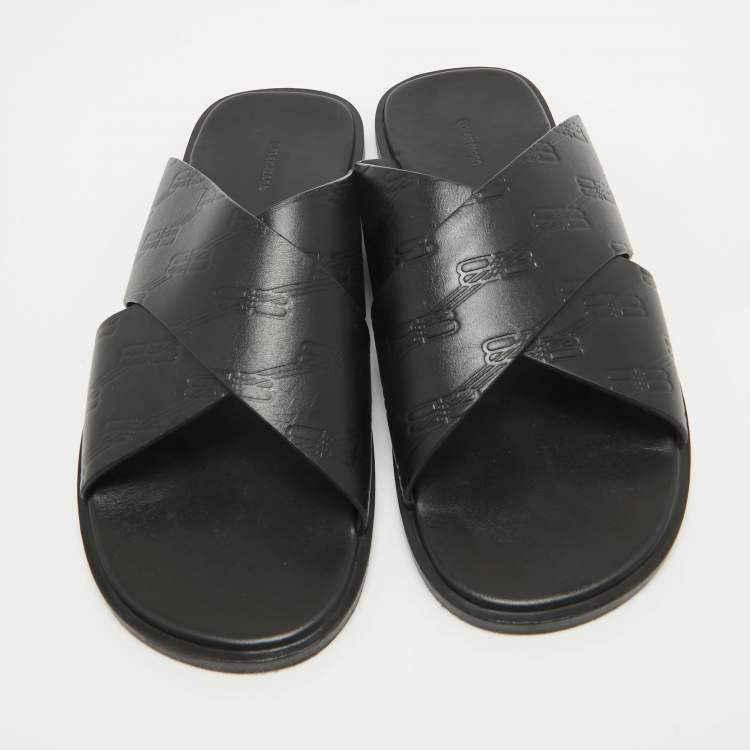 Pre Owned Balenciaga Black Logo Embossed Leather Slides Size 42