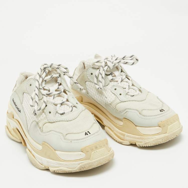 Pre Owned Balenciaga White Mesh and Leather Triple S Sneakers Size 41