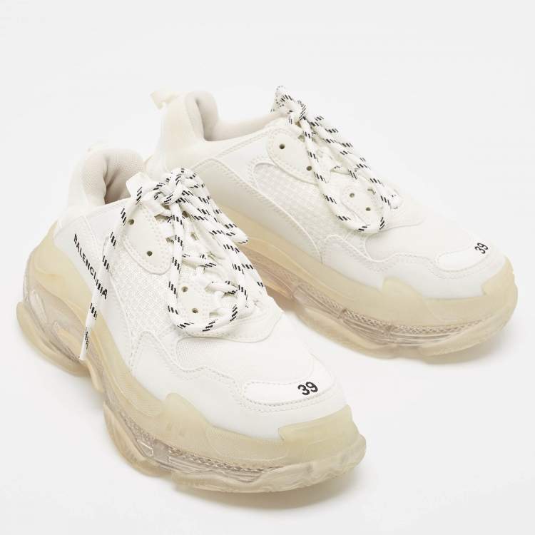 Pre Owned Balenciaga White Faux Leather and Mesh Triple S Clear Sole Sneakers Size 39