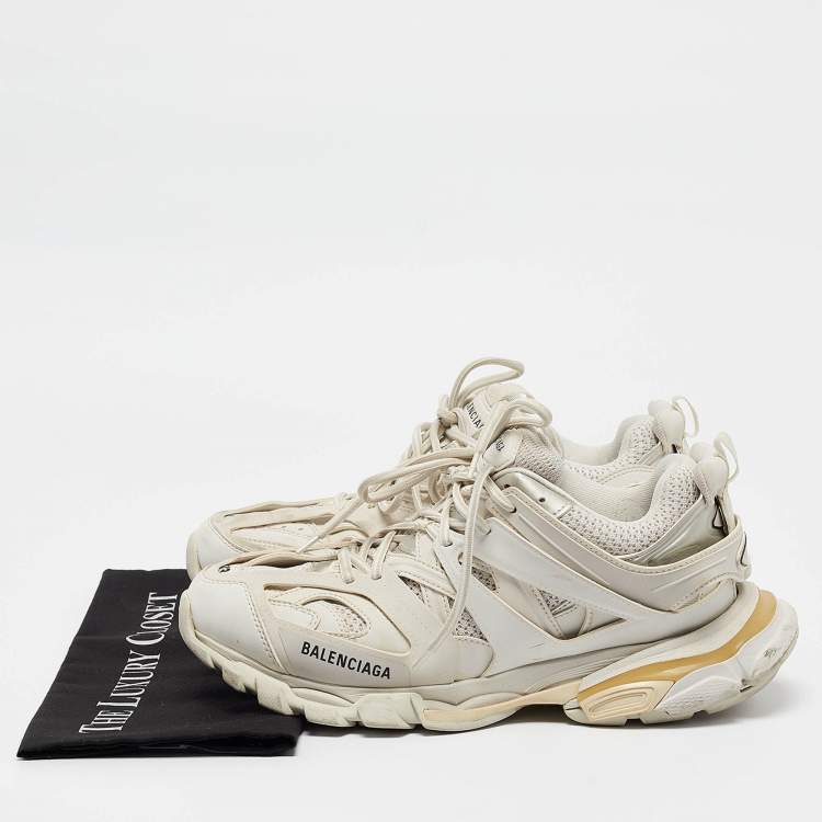 Pre Owned Balenciaga Cream Faux Leather and Mesh Track Sneakers Size 43