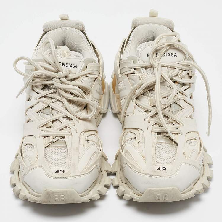 Pre Owned Balenciaga Cream Faux Leather and Mesh Track Sneakers Size 43