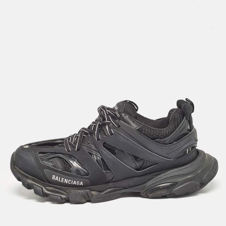 Pre Owned Balenciaga Black Faux Leather and Mesh Track Lace Up Sneakers 42
