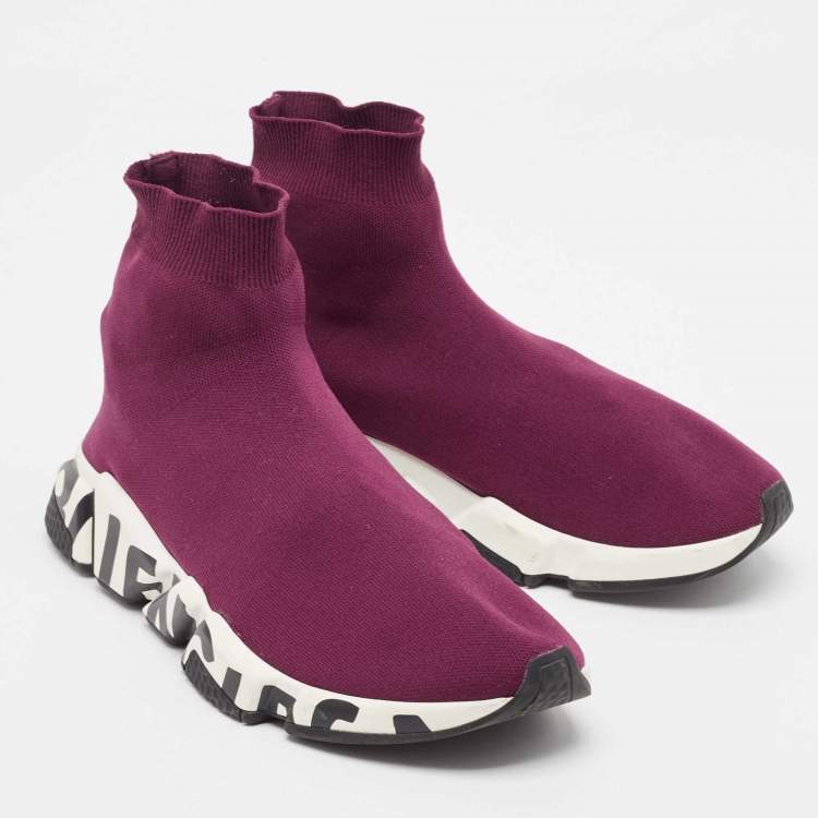 Pre Owned Balenciaga Purple Knit Fabric Speed Trainer High Top Sneakers Size 43