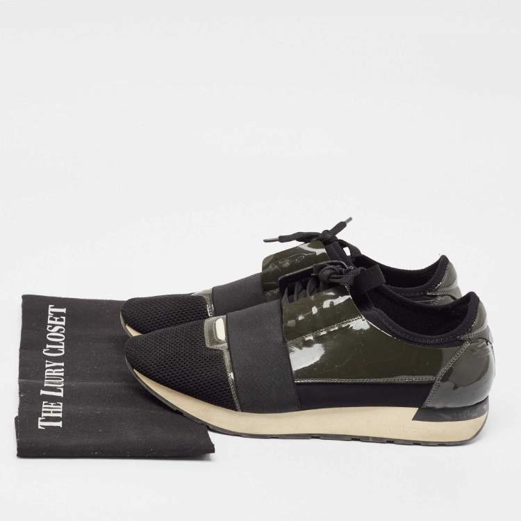 Pre Owned Balenciaga Green/Black Mesh and Patent Leather Race Runner Lace Up Sneakers Size 43