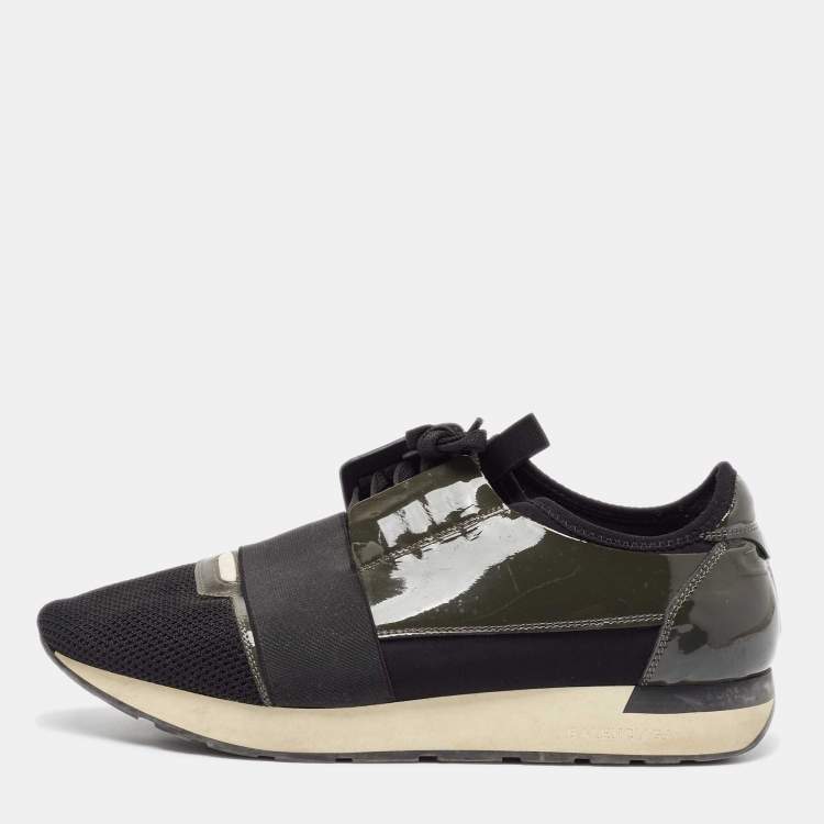 Pre Owned Balenciaga Green/Black Mesh and Patent Leather Race Runner Lace Up Sneakers Size 43