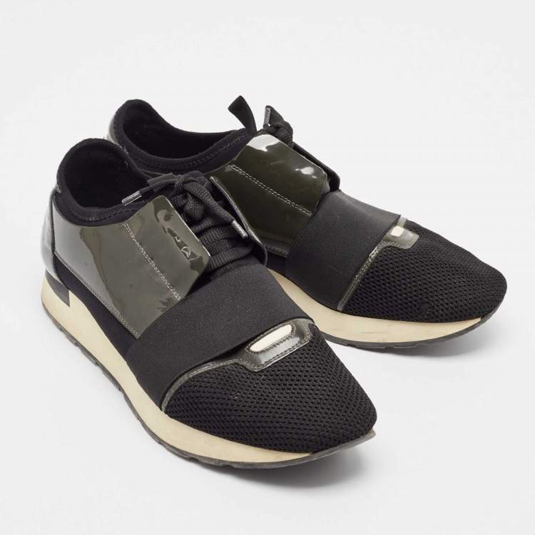 Pre Owned Balenciaga Green/Black Mesh and Patent Leather Race Runner Lace Up Sneakers Size 43