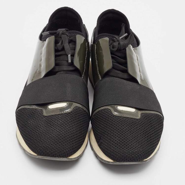 Pre Owned Balenciaga Green/Black Mesh and Patent Leather Race Runner Lace Up Sneakers Size 43
