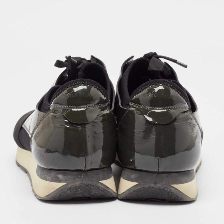 Pre Owned Balenciaga Green/Black Mesh and Patent Leather Race Runner Lace Up Sneakers Size 43