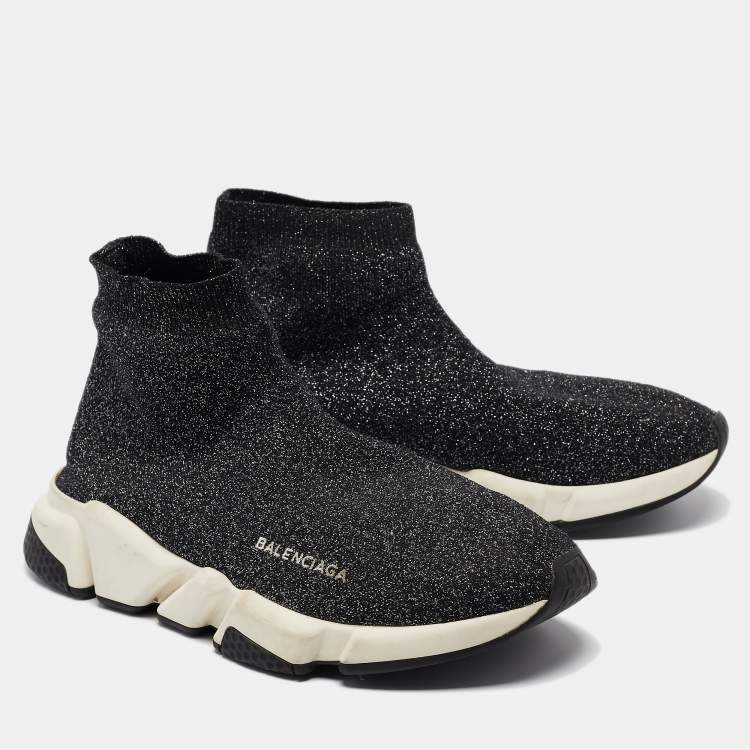 Pre Owned Balenciaga Black/Silver Knit Fabric Speed Trainer Lace Up Sneakers Size 42