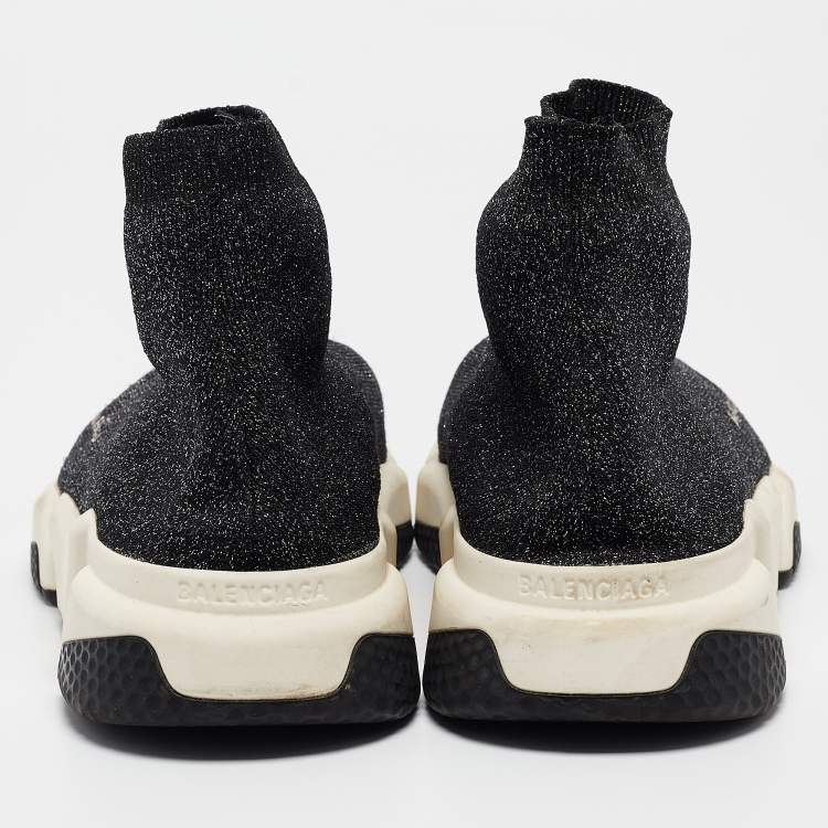 Pre Owned Balenciaga Black/Silver Knit Fabric Speed Trainer Lace Up Sneakers Size 42