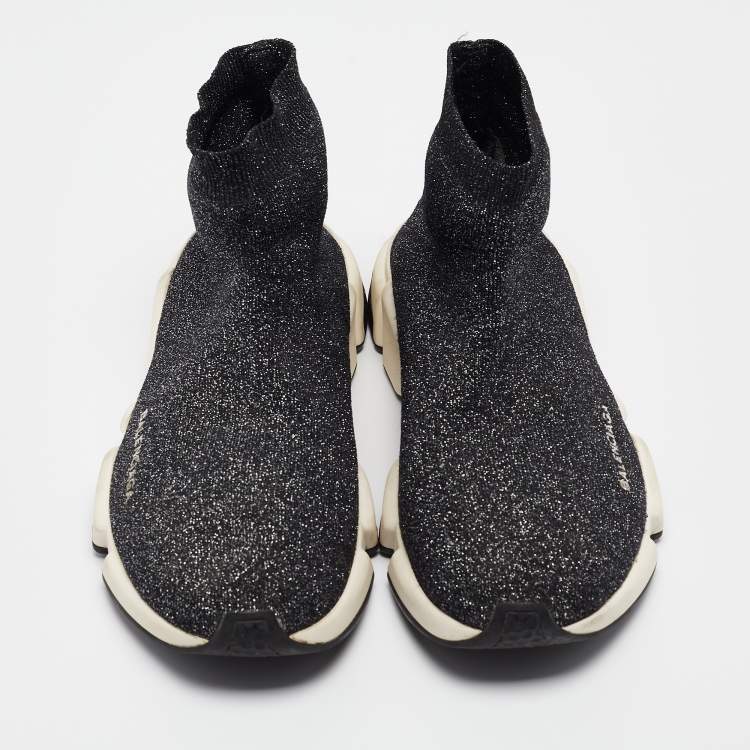 Pre Owned Balenciaga Black/Silver Knit Fabric Speed Trainer Lace Up Sneakers Size 42