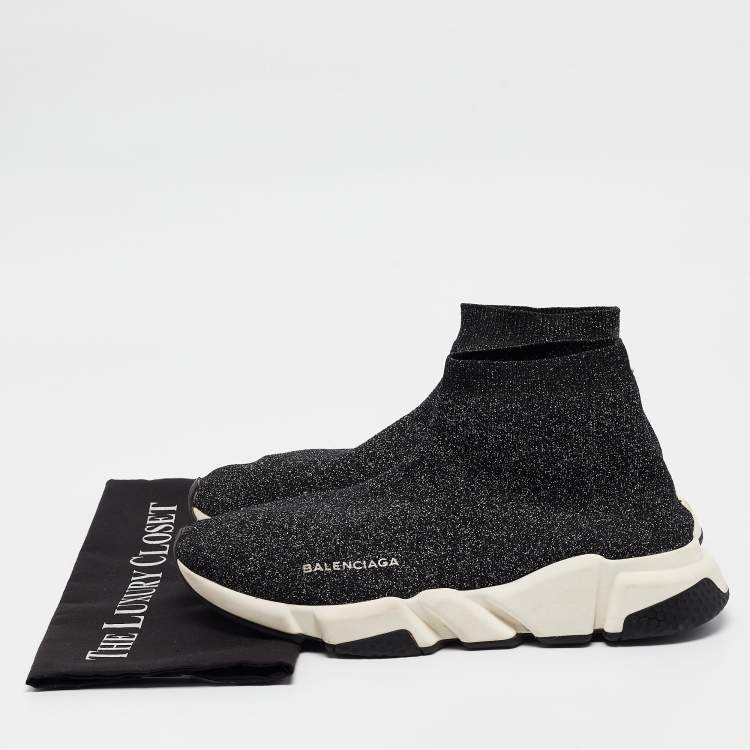 Pre Owned Balenciaga Black/Silver Knit Fabric Speed Trainer Lace Up Sneakers Size 42