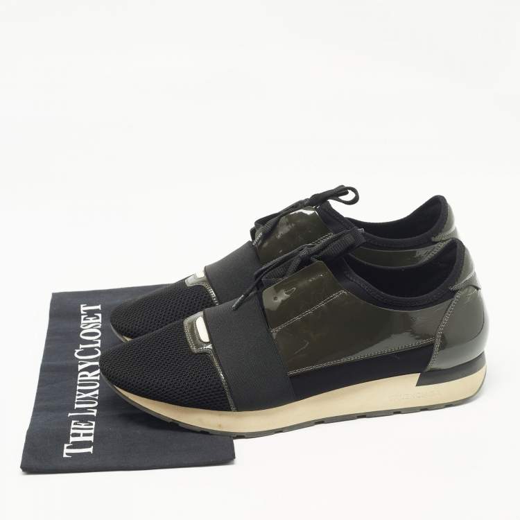 Pre Owned Balenciaga Black/Olive Green Mesh and Patent Leather Race Runner Low Top Sneakers Size 44