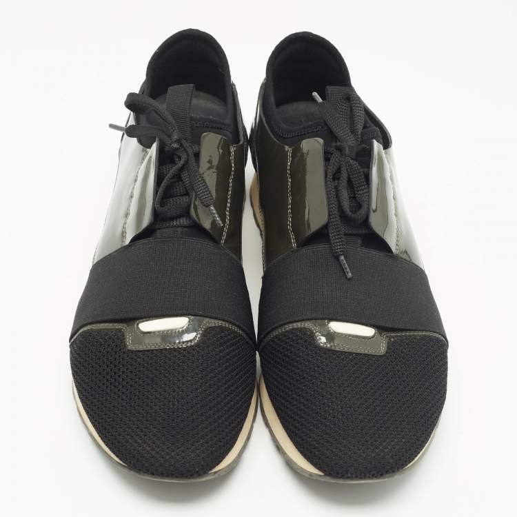 Pre Owned Balenciaga Black/Olive Green Mesh and Patent Leather Race Runner Low Top Sneakers Size 44