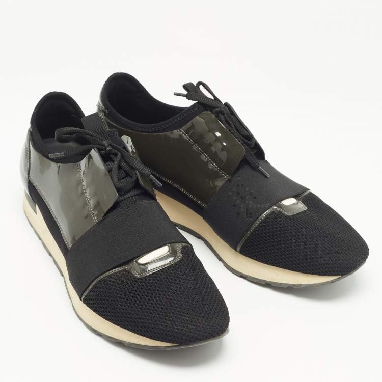 Pre Owned Balenciaga Black/Olive Green Mesh and Patent Leather Race Runner Low Top Sneakers Size 44