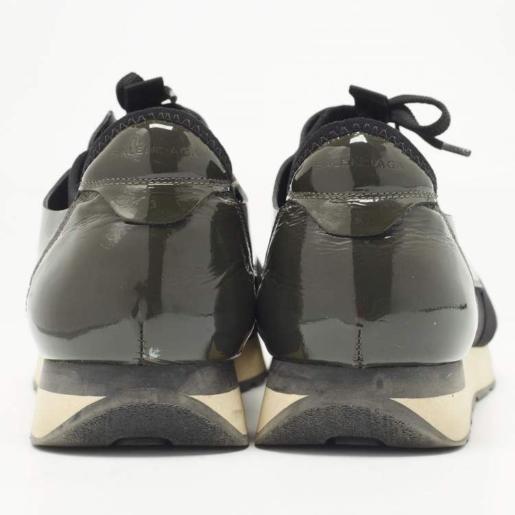 Pre Owned Balenciaga Black/Olive Green Mesh and Patent Leather Race Runner Low Top Sneakers Size 44