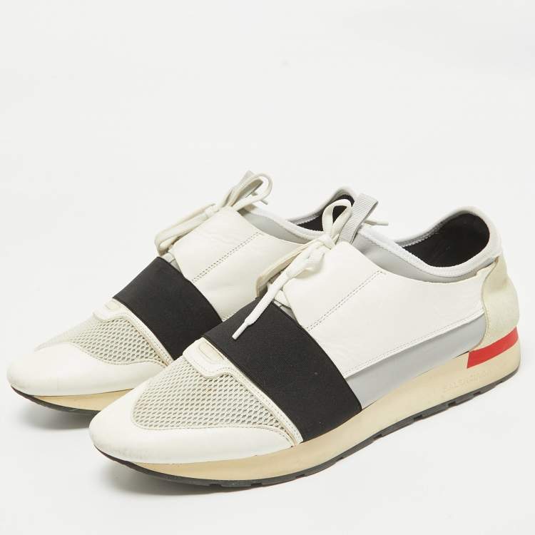 Pre Owned Balenciaga White/Grey Leather and Mesh Race Runner Low Top Sneakers Size 44