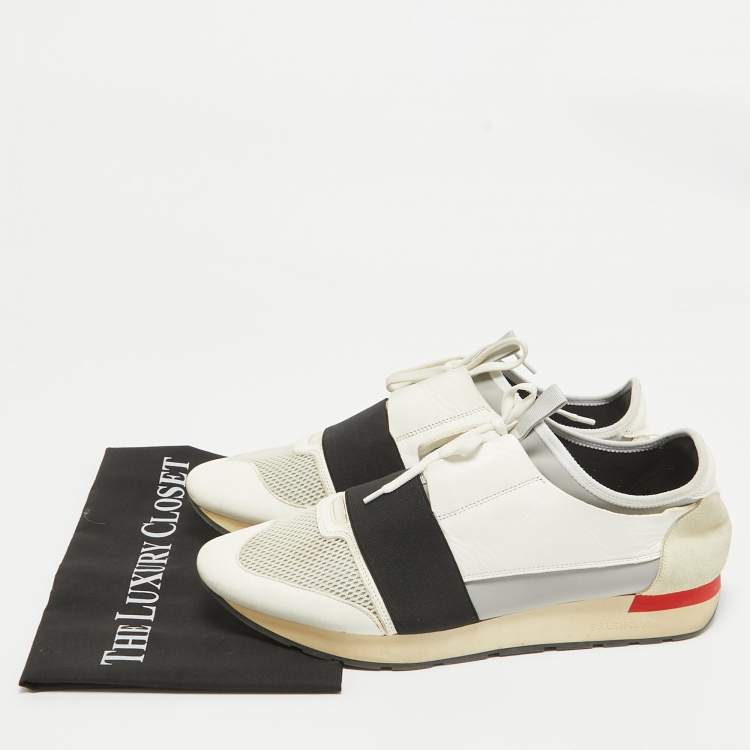 Pre Owned Balenciaga White/Grey Leather and Mesh Race Runner Low Top Sneakers Size 44