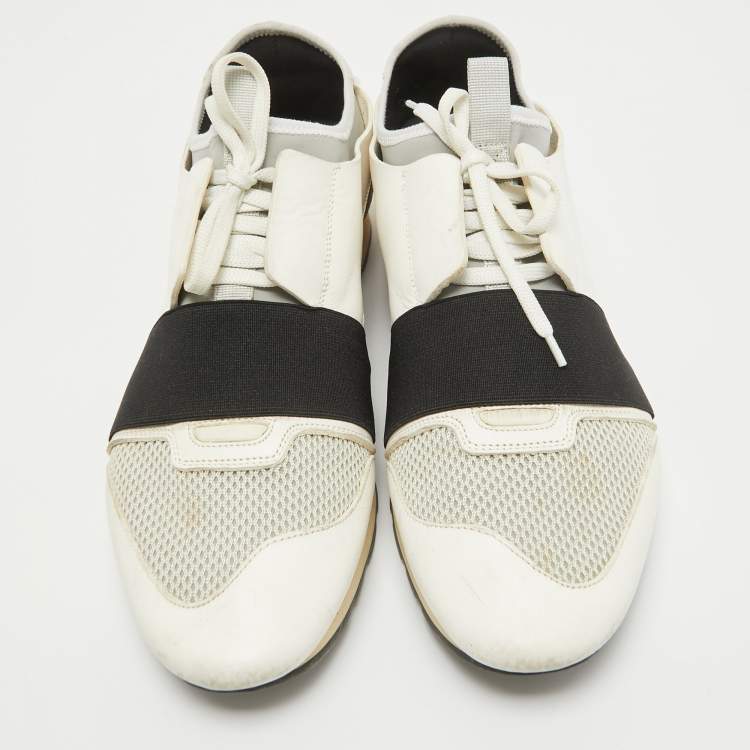 Pre Owned Balenciaga White/Grey Leather and Mesh Race Runner Low Top Sneakers Size 44