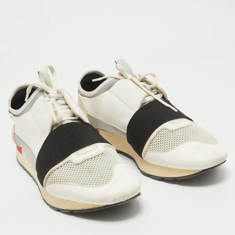Pre Owned Balenciaga White/Grey Leather and Mesh Race Runner Low Top Sneakers Size 44