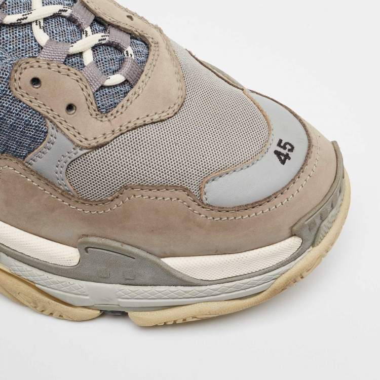 Pre Owned Balenciaga Grey/Blue Leather and Mesh Triple S Sneakers Size 45
