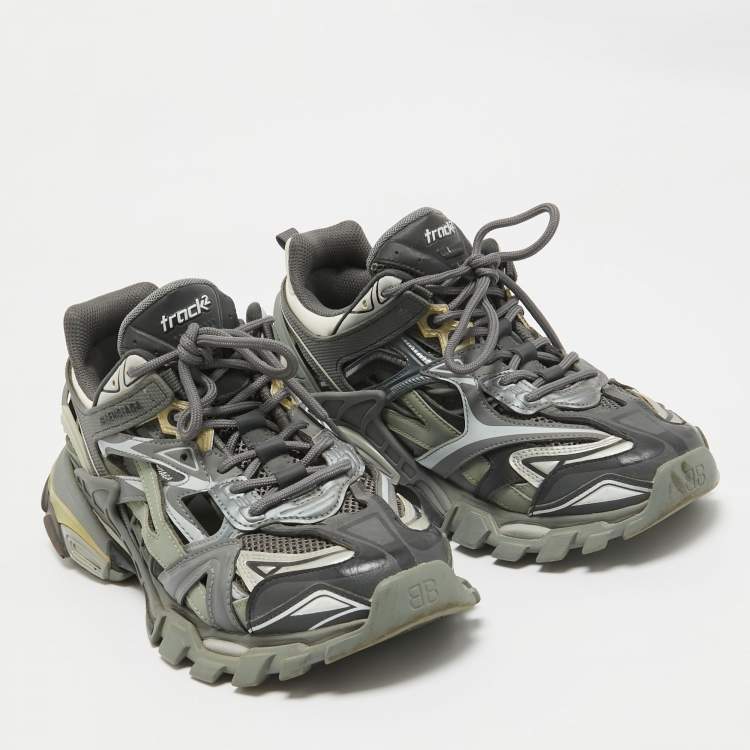 Pre Owned Balenciaga Grey Faux Leather Mesh Track Lace Up Sneakers Size 41