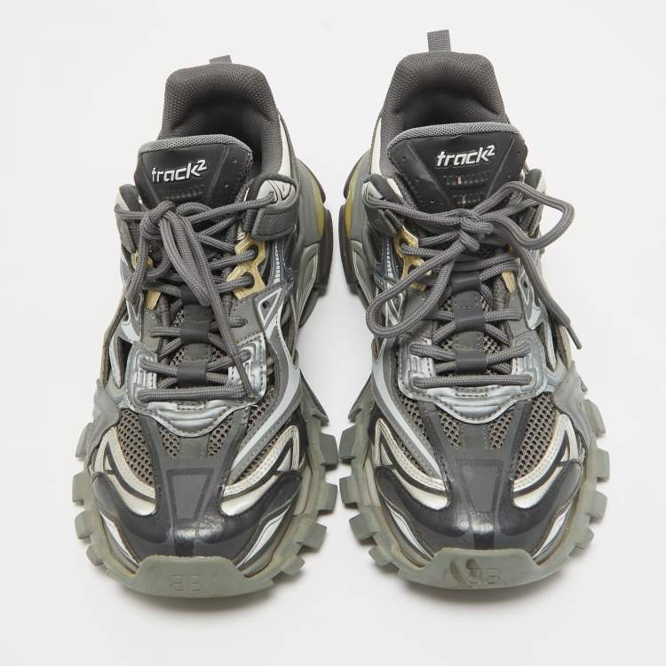 Pre Owned Balenciaga Grey Faux Leather Mesh Track Lace Up Sneakers Size 41