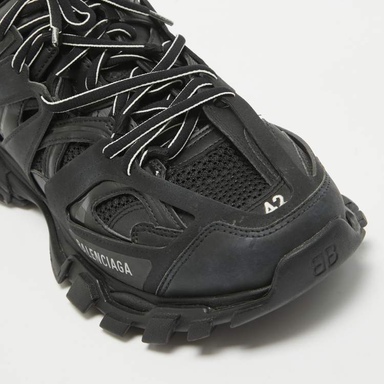 Pre Owned Balenciaga Black Faux Leather and Mesh Track Lace Up Sneakers Size 42