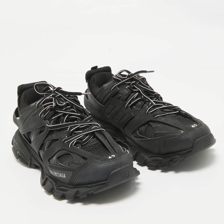 Pre Owned Balenciaga Black Faux Leather and Mesh Track Lace Up Sneakers Size 42