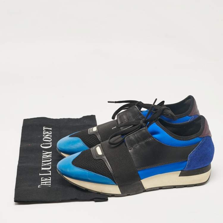 Pre Owned Balenciaga Blue/Black Leather and Mesh Race Runner Lace Up Sneakers Size 41