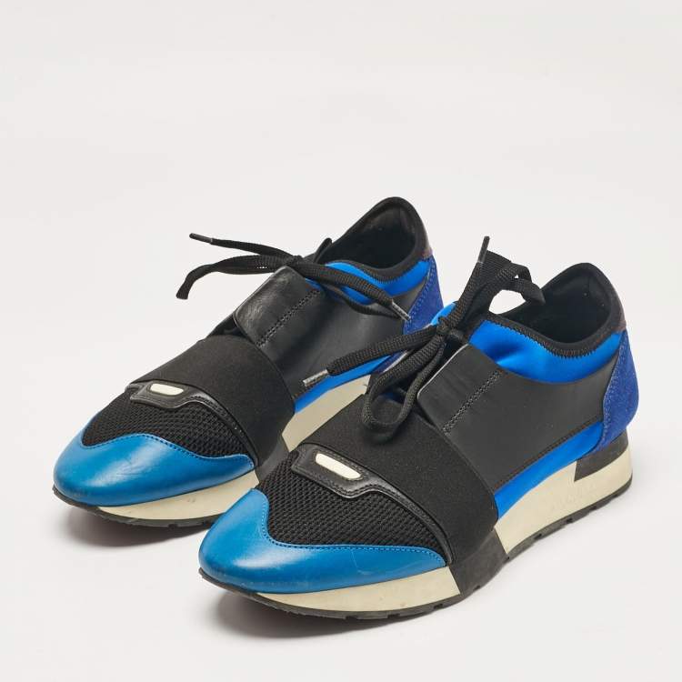 Pre Owned Balenciaga Blue/Black Leather and Mesh Race Runner Lace Up Sneakers Size 41