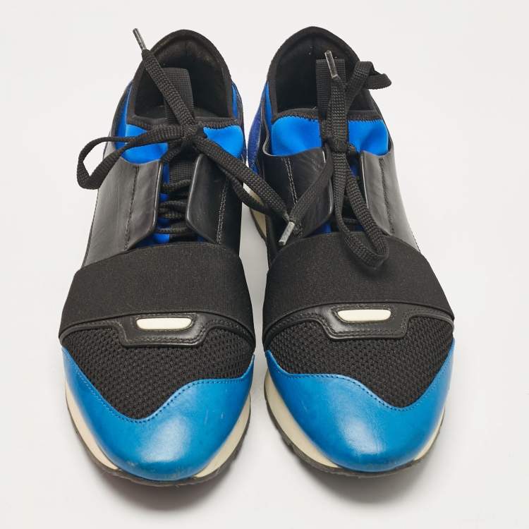 Pre Owned Balenciaga Blue/Black Leather and Mesh Race Runner Lace Up Sneakers Size 41