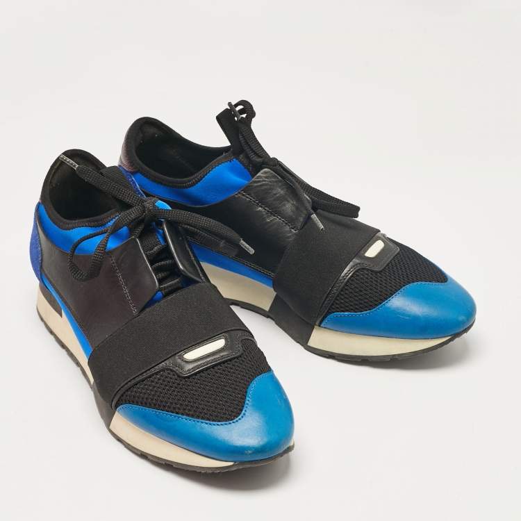 Pre Owned Balenciaga Blue/Black Leather and Mesh Race Runner Lace Up Sneakers Size 41