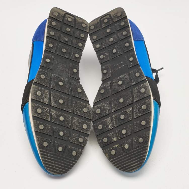 Pre Owned Balenciaga Blue/Black Leather and Mesh Race Runner Lace Up Sneakers Size 41