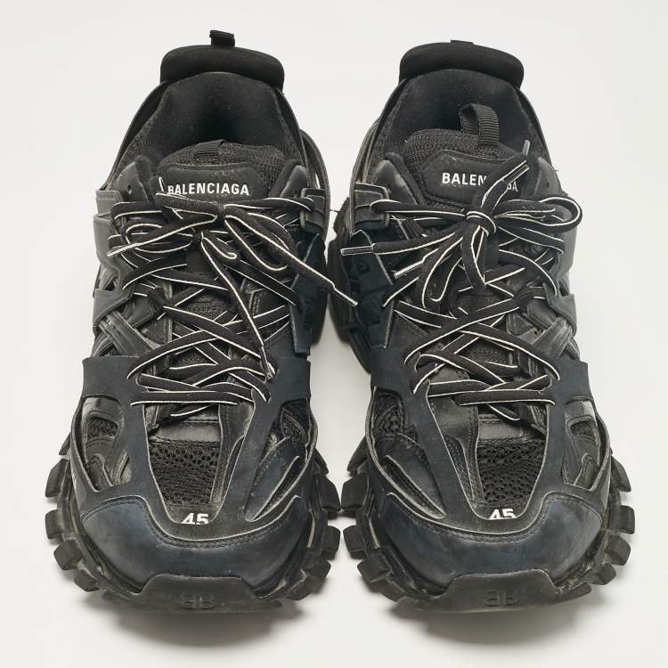 Pre Owned Balenciaga Black Faux Leather and Mesh Track Lace Up Sneakers Size 45