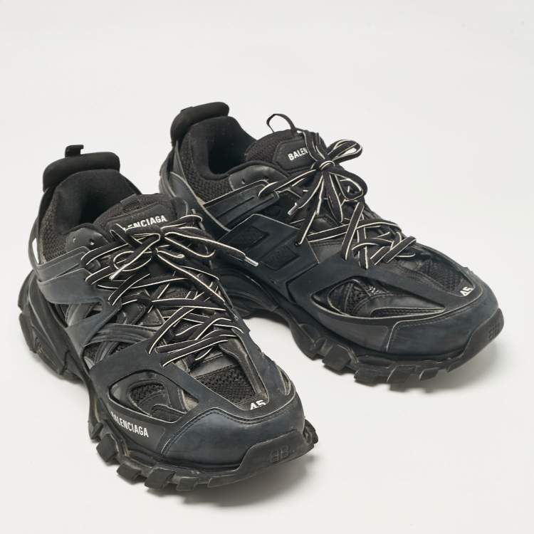Pre Owned Balenciaga Black Faux Leather and Mesh Track Lace Up Sneakers Size 45