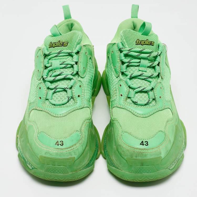 Pre Owned Balenciaga Green Faux Leather and Mesh Triple S Clear Sole Lace Up Sneakers Size 43
