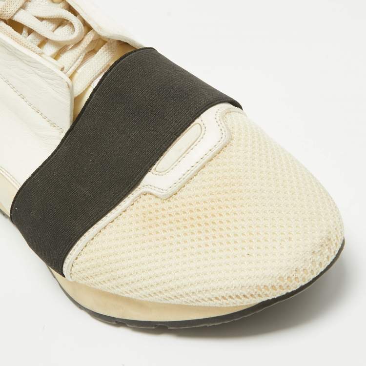 Pre Owned Balenciaga Off White Leather and Mesh Race Runner Sneakers Size 44