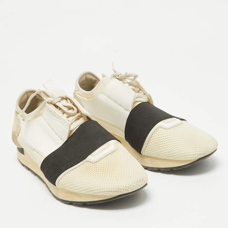 Pre Owned Balenciaga Off White Leather and Mesh Race Runner Sneakers Size 44