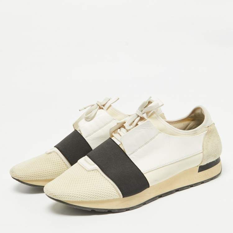 Pre Owned Balenciaga Off White Leather and Mesh Race Runner Sneakers Size 44