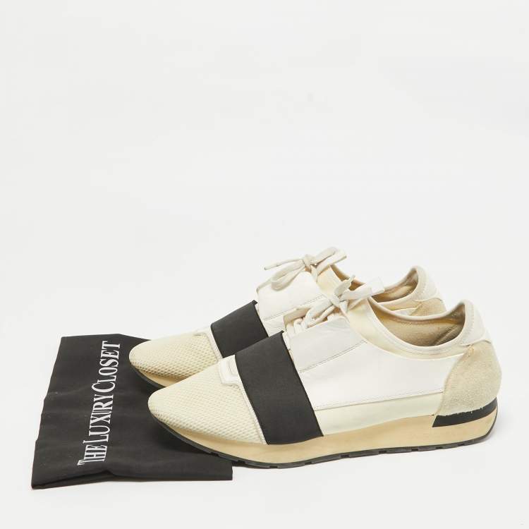 Pre Owned Balenciaga Off White Leather and Mesh Race Runner Sneakers Size 44