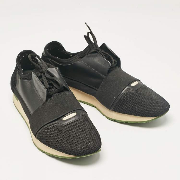 Pre Owned Balenciaga Black Leather Mesh Race Runner Lace Up Sneakers Size 44