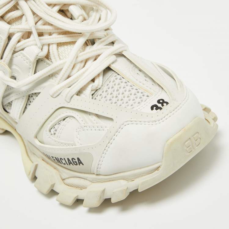 Pre Owned Balenciaga Cream Faux Leather and Mesh Track Lace Up Sneakers Size 38