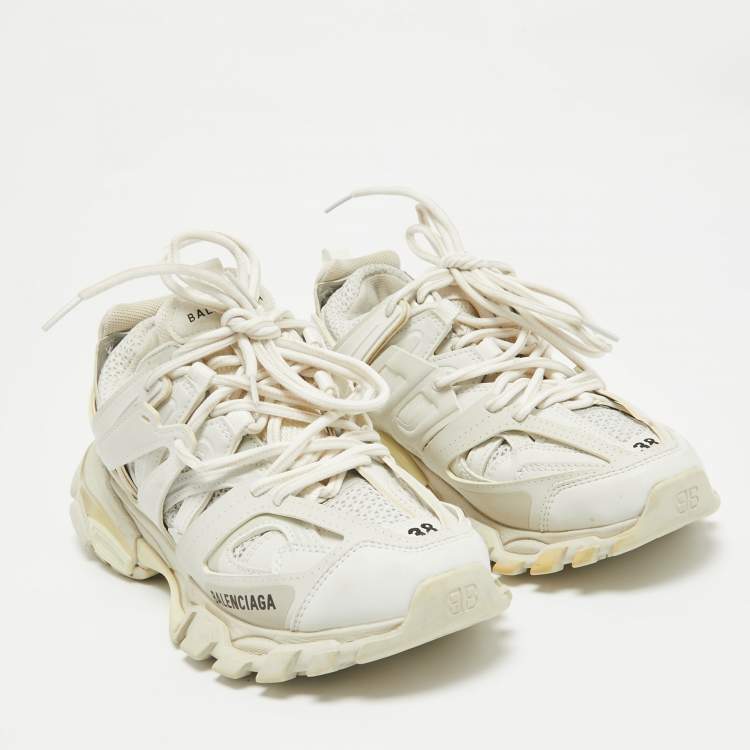 Pre Owned Balenciaga Cream Faux Leather and Mesh Track Lace Up Sneakers Size 38